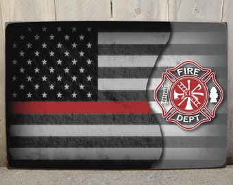 Letrero de madera con bandera de bombero, decoración de bombero de línea roja, fuego, regalo de bombero, personalizado, herosigns.etsy.com