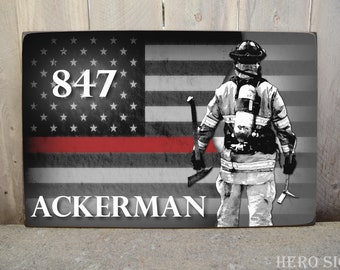 Firefighter with Flag Wood Name Sign, Red Line Firefighter Decor, Fire, Firefighter gift, Custom, Fireman,  herosigns.etsy.com