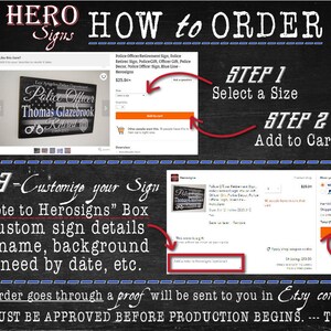 Puede incluir: Una gu&iacute;a paso a paso sobre c&oacute;mo pedir un letrero personalizado de Hero Signs. La imagen muestra una maqueta de un letrero de jubilaci&oacute;n de un oficial de polic&iacute;a con el texto "Police Officer Thomas Glazebrook Retired". La gu&iacute;a incluye cuatro pasos: seleccionar un tama&ntilde;o, agregar al carrito, personalizar tu letrero y finalizar la compra. La gu&iacute;a tambi&eacute;n menciona que se te enviar&aacute; una prueba en las conversaciones de Etsy y que las pruebas deben aprobarse antes de que comience la producci&oacute;n.
