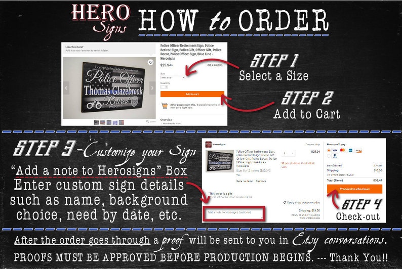 Puede incluir: Una gu&iacute;a paso a paso sobre c&oacute;mo pedir un letrero personalizado de Hero Signs. La imagen muestra una maqueta de un letrero de jubilaci&oacute;n de un oficial de polic&iacute;a con el texto "Police Officer Thomas Glazebrook Retired". La gu&iacute;a incluye cuatro pasos: seleccionar un tama&ntilde;o, agregar al carrito, personalizar tu letrero y finalizar la compra. La gu&iacute;a tambi&eacute;n menciona que se te enviar&aacute; una prueba en las conversaciones de Etsy y que las pruebas deben aprobarse antes de que comience la producci&oacute;n.