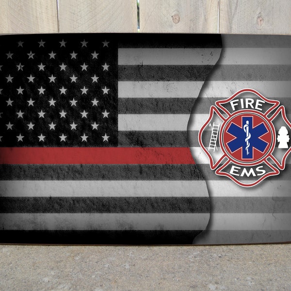 Firefighter EMS Flag Wood Sign, Red Line Firefighter Decor, Fire, EMS, EMT gift, herosigns.etsy.com