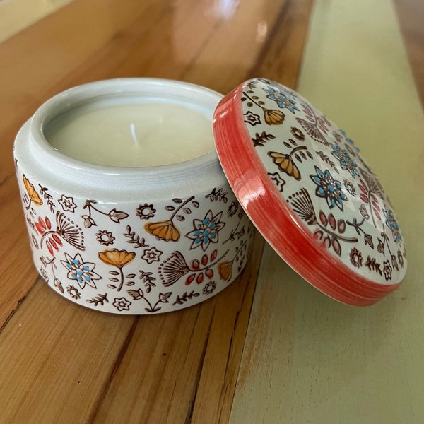 Hand Stamped Ceramic Container Candle with Lid Various Scents