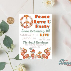 Editable Flower Power Birthday Invitation - Digital, custom, floral, mushrooms, peace, groovy, 70s,pdf, party, 1st birthday, personalization