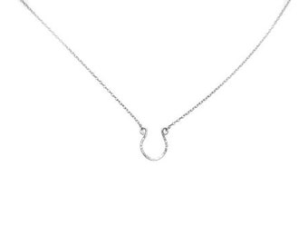 May include: A silver necklace with a delicate horseshoe pendant.