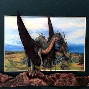3D-Scherenschnitt Fantasy: Grüner Drache auf der Jagd