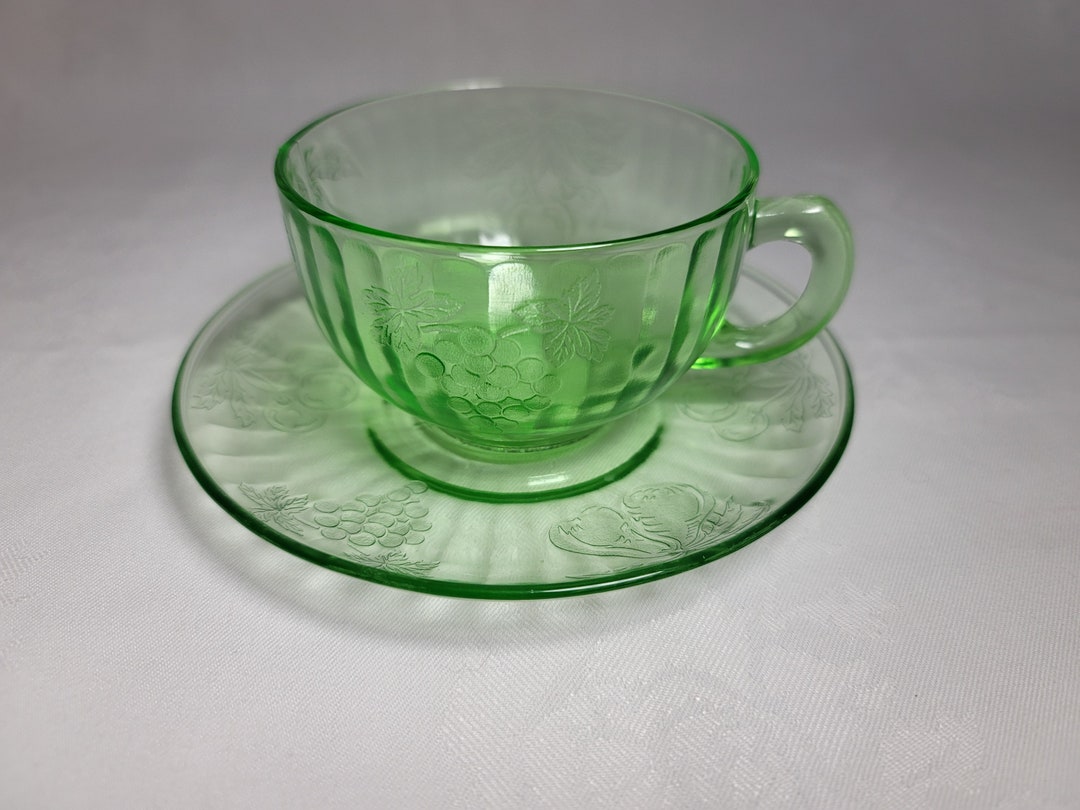 Vaseline Glass Cup and Saucer Etched Cherries Fruit and Etsy