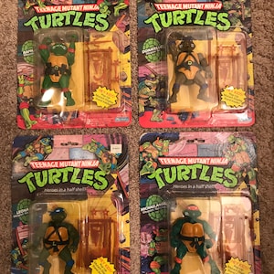 Set of (5) Teenage Mutant Ninja Turtles TMNT Vintage Original Toys 1988 with Pop-Up Mutant Display Stands RARE Casey Jones Raph Don Mike Leo