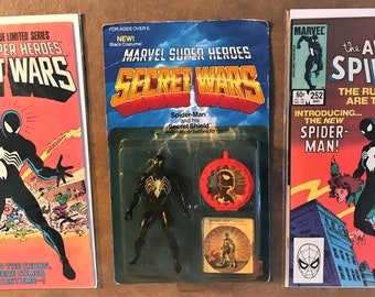 Set of (3) | Secret Wars Spider-Man Black Costume Toy 1984 + Amazing Spider-Man 252 + Secret Wars 8 = First Appearance of the Black Costume!