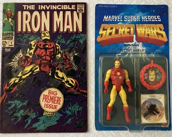 Vintage Iron Man (set of 2ea) | Secret Wars Iron Man Toy from 1984 + Invincible Iron Man #1 Comic from 1968