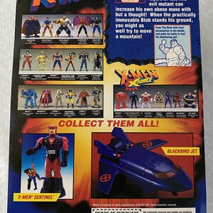 May include: A blue and red X-Men action figure of the character Sentinel, standing on a red base. The figure is holding a red and silver weapon. The background is a blue and red card with the words "X-Men" and "Sentinel" printed on it. The card also features a black and blue jet, a black and red figure of the Blob, and a collection of other X-Men action figures.