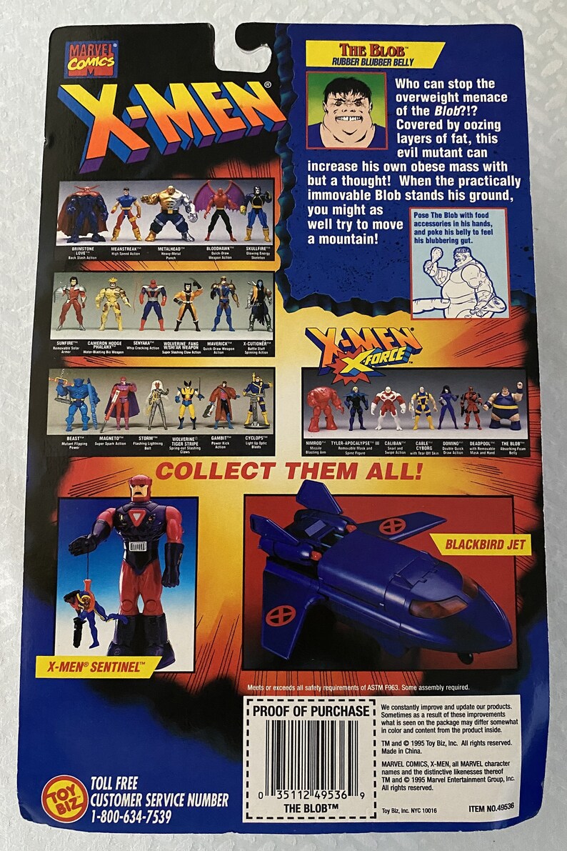 May include: A blue and red X-Men action figure of the character Sentinel, standing on a red base. The figure is holding a red and silver weapon. The background is a blue and red card with the words "X-Men" and "Sentinel" printed on it. The card also features a black and blue jet, a black and red figure of the Blob, and a collection of other X-Men action figures.