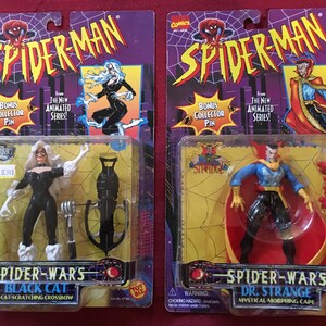 Spider-Man the Animated Series Toys (2ea) | Dr. Strange and Black Cat both from 1996, 100% factory sealed, New on Card
