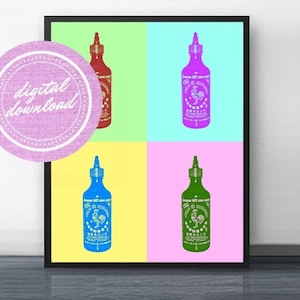 WARHOL SRIRACHA - Pobieranie cyfrowe, wydruk sztuki nowoczesnej z połowy XX wieku, prezent poniżej 20, sztuka na barze, kuchnia, ostry sos, Andy Warhol, lata 80., kolor