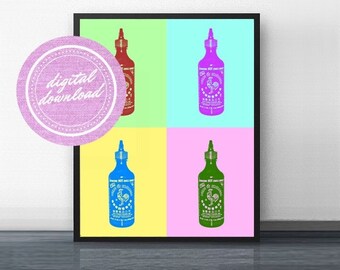 WARHOL SRIRACHA -  Digital Download, Mid-Century Modern Art Print, Gift Under 20, bar cart art, kitchen, hot sauce, Andy Warhol, 80’s, color