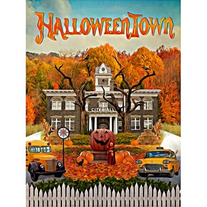 May include: A vintage-style illustration of a town called "Halloweentown" with a large, carved pumpkin in the center. The town is surrounded by fall foliage and a white picket fence. There is a school bus and a taxi cab in the scene.