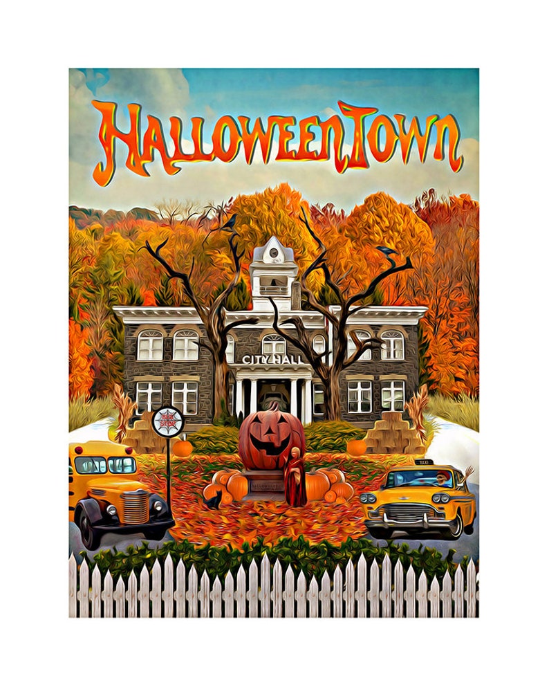 May include: A vintage-style illustration of a town called "Halloweentown" with a large, carved pumpkin in the center. The town is surrounded by fall foliage and a white picket fence. There is a school bus and a taxi cab in the scene.