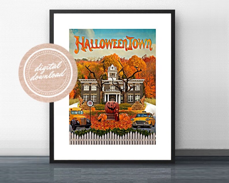 May include: A vintage-style illustration of a town called "Halloweentown" with a large building, a school bus, a car, and a giant pumpkin. The scene is set in autumn with colorful fall foliage.