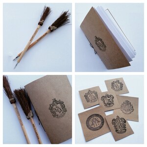 hogwarts engraved broom pen and handmade mini sketch book / harry potter / choice of stamp / slytherin / gryffindor / hufflepuff / ravenclaw
