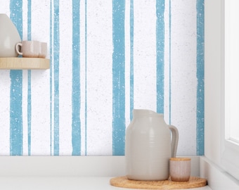 Playful Watercolor Stripes in Sky Blue - Removable Wallpaper for Kitchen, Kids Bedroom, Living Room - Peel and Stick or Pre-pasted Wallpaper