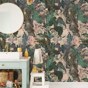 May include: A bathroom with a green and pink floral wallpaper featuring a repeating pattern of jellyfish and seaweed. The wallpaper is a great choice for a nautical themed bathroom.