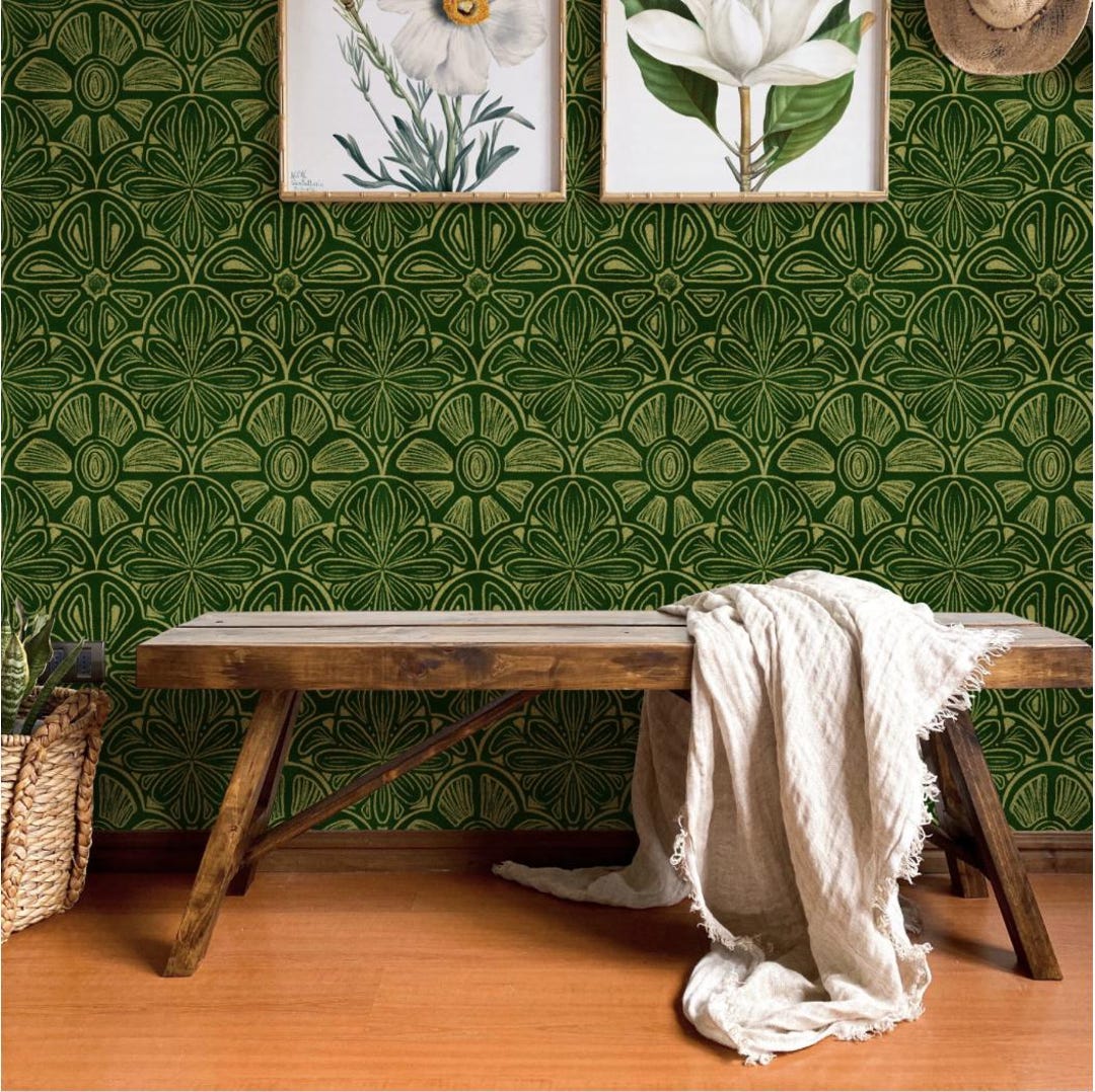 Emerald Green Floral Tile Wallpaper - Vintage Geometric Peel and Stick ...