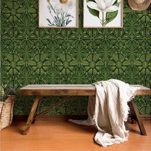 Emerald Green Fireplace Tile Style Wallpaper - Vintage antique geometric abstract floral tiles in green - Peel and Stick - Pre Paste smooth