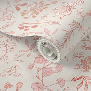 Sweet Retro Flower Wallpaper - Vintage boho themed nursery flower meadow wallpaper in pink - Two Options - Peel and Stick - Pre Paste smooth