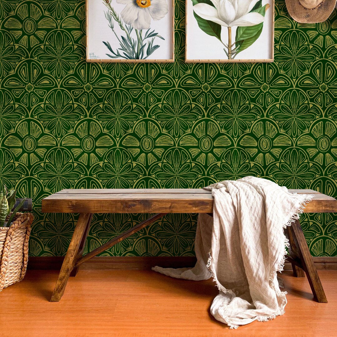 Emerald Green Fireplace Tile Style Wallpaper Vintage Antique Geometric