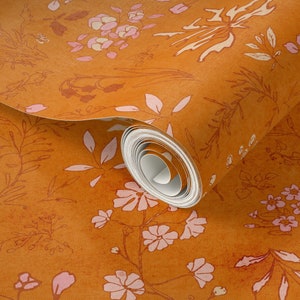 Retro Orange Floral Wallpaper: Boho Nursery Decor, Peel and Stick or Pre-Pasted