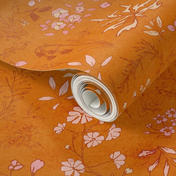 Retro Flower Wallpaper in Orange - Vintage boho nursery flower meadow wallpaper in yellow - Two Options - Peel and Stick - Pre Paste smooth