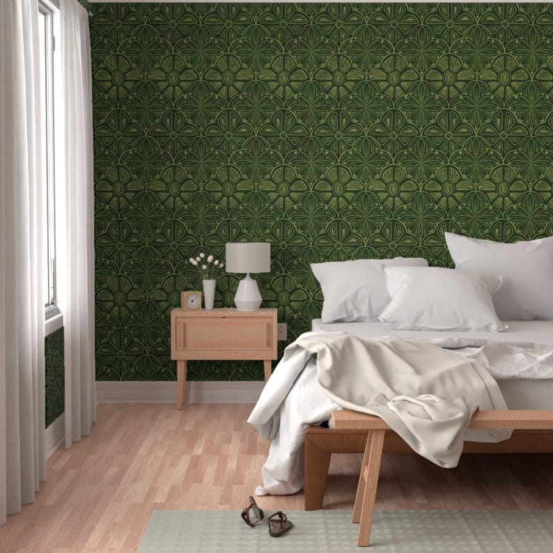 Emerald Green Floral Tile Wallpaper - Vintage Geometric Peel and Stick ...