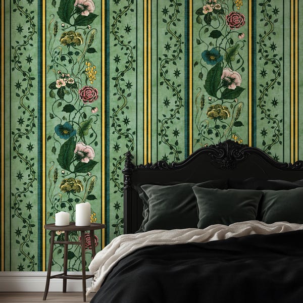 Emerald Green Botanical Stripe Wallpaper: Vintage Gothic Art Nouveau, Peel and Stick