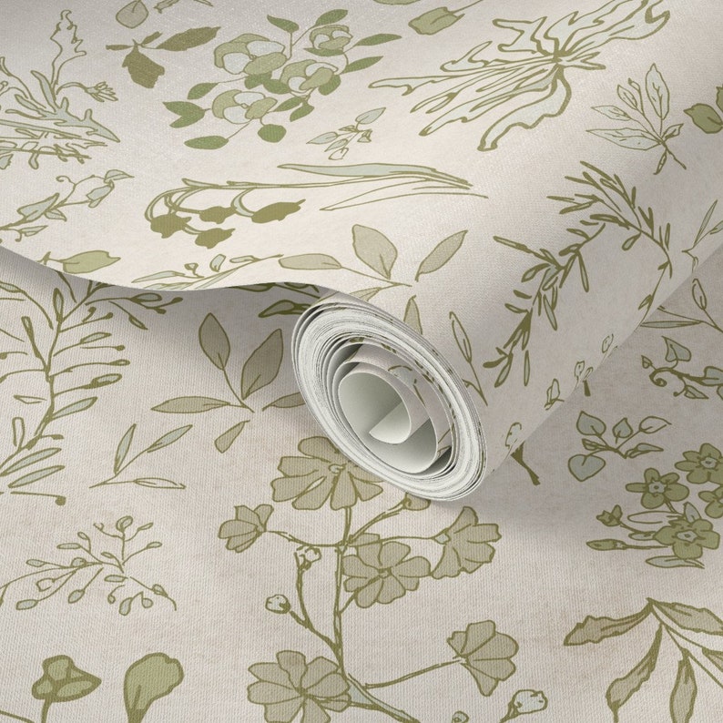 Boho Olive Green Wildflowers Wallpaper Whimsical flower meadow kids nursery wallpaper Two Options Peel and Stick Pre Paste smooth afbeelding 5