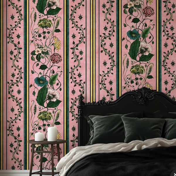 Vintage Floral Stripe Peel and Stick Wallpaper: Dusty Pink Botanical Wall Mural