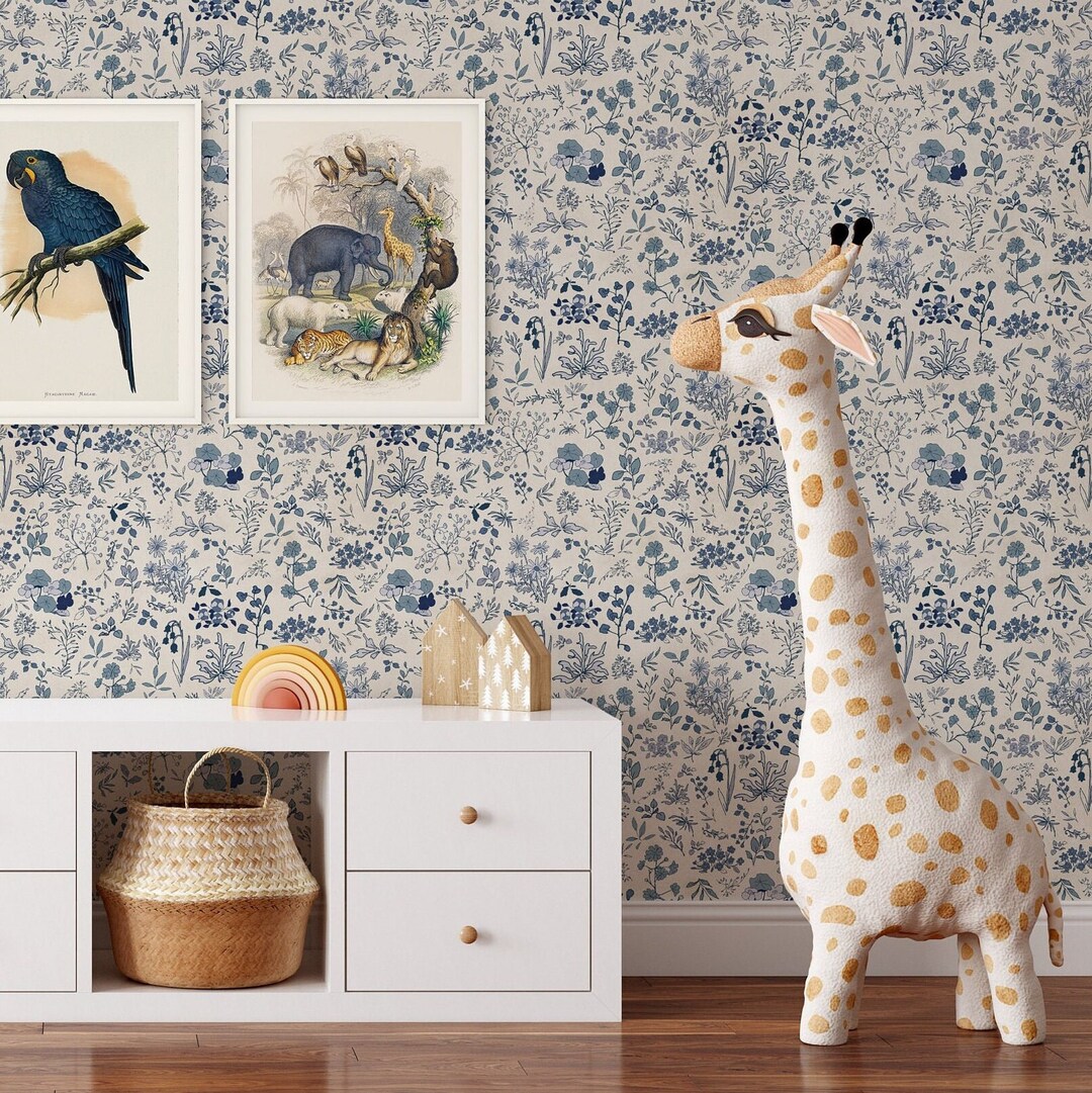 Indigo Wildflower Wallpaper: Boho Nursery Decor, Peel and Stick or Pre ...