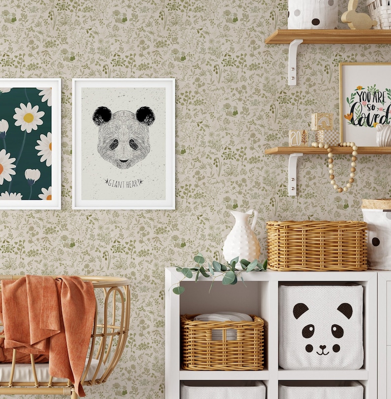 Olive green boho flower wallpaper in a baby's nursery