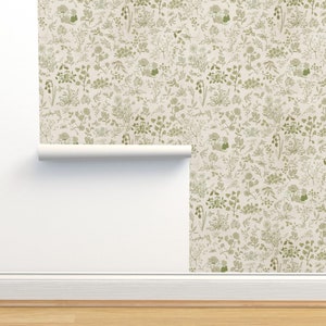Boho Olive Green Wildflowers Wallpaper Whimsical flower meadow kids nursery wallpaper Two Options Peel and Stick Pre Paste smooth image 4