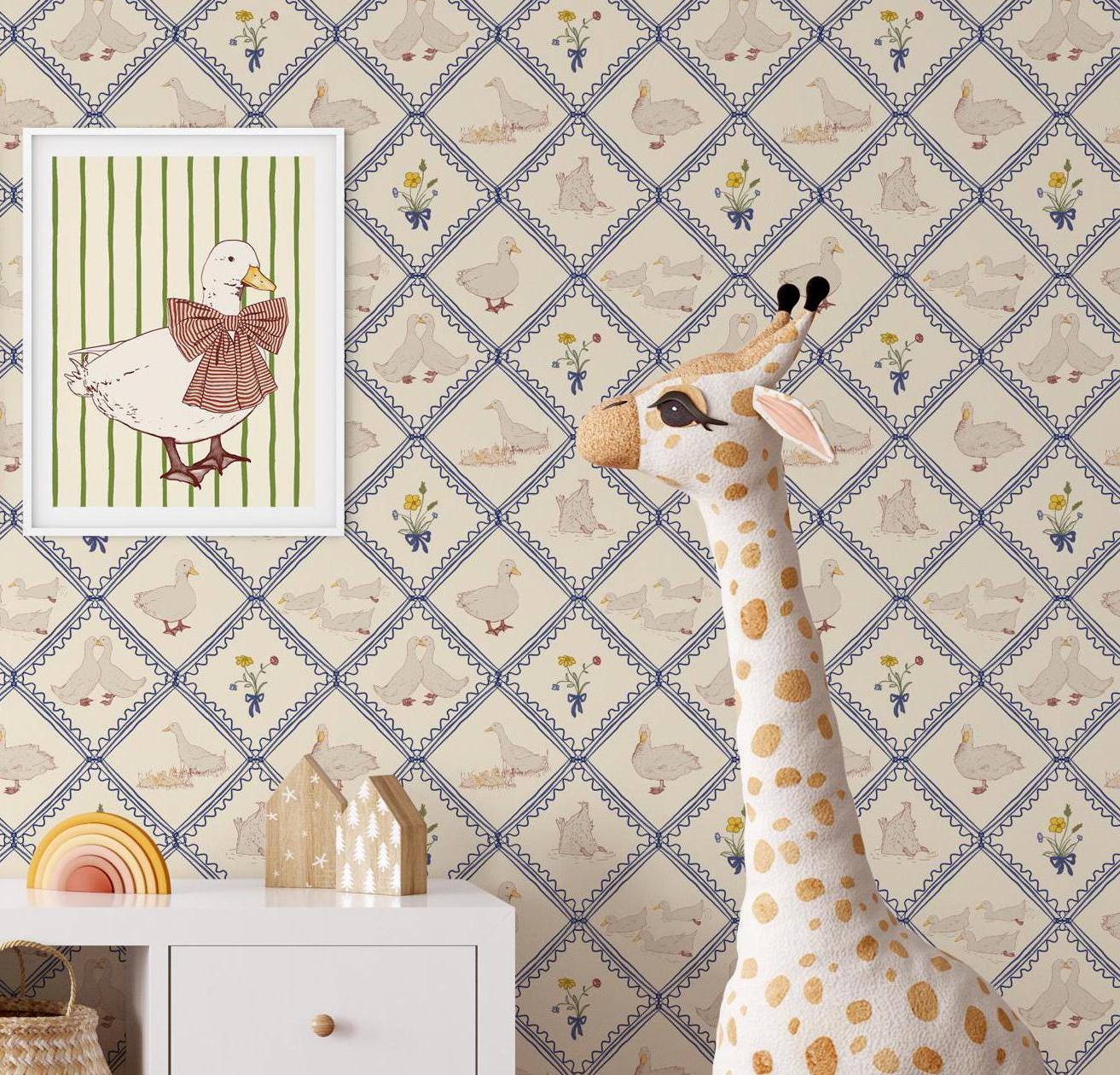 Cottagecore Duck Wallpaper: Vintage Floral Trellis, Cream Background, Peel & Stick or Pre-Pasted