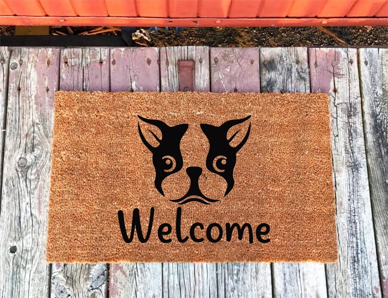 Boston Terrier Dog Welcome Coir Door Mat Doormat 16x24 18x30 24x36 Housewarming Gift House Warming