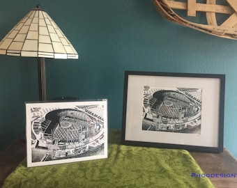 Beautiful quality print of hand drawn Kauffman Stadium, home of the Kansas City Royals.