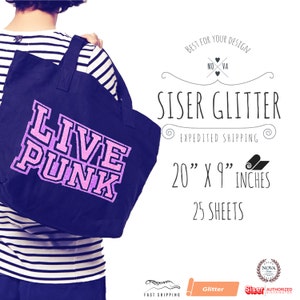May include: A tote bag with the words "LIVE PUNK" in pink glitter iron-on vinyl. The bag is navy blue and the vinyl is 20 inches by 9 inches. The product is Siser Glitter, a brand of iron-on vinyl for crafting.