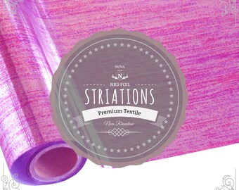May include: A roll of pink iridescent heat transfer vinyl with a label that reads "Nova NRD Foil Striations Premium Textile Non-Rhinestone".