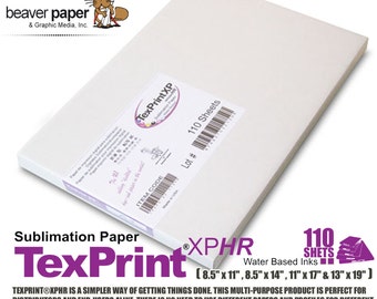 May include: A white package of TexPrint XPHR sublimation paper with water-based inks. The package contains 110 sheets in sizes 8.5 x 11 inches, 8.5 x 14 inches, 11 x 17 inches, and 13 x 19 inches. The text "TexPrint XPHR is a simpler way of getting things done. This multi-purpose product is perfect for distributors and end-users alike. There is no need to use different papers and profiles for different applications." is printed on the package.