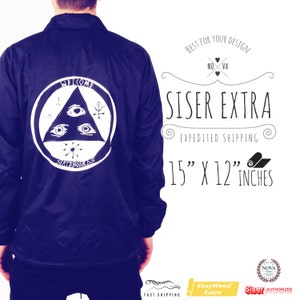 May include: A dark blue, hooded jacket with a white graphic of a triangle with three eyes and the text "WELCOME SKATEBOARDS". The jacket is 15 inches by 12 inches.