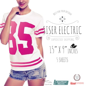 May include: A white t-shirt with a pink number 35 on the front. The t-shirt has pink stripes on the sleeves. The image also shows a roll of heat transfer vinyl with the text "Siser Electric" and "15" x 9" inches, 5 sheets".