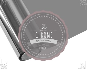 May include: A roll of chrome-colored heat transfer vinyl with a label that reads "Nova NRD Foil Chrome Standard Textile Nova Rhinestone".
