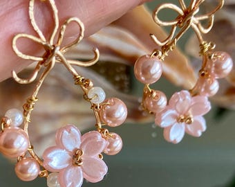 Sakura Charm Earrings, Handmade, Gold Plated Hook, Mother's Day, Christmas, Birthday, Bridesmaid, Holiday
