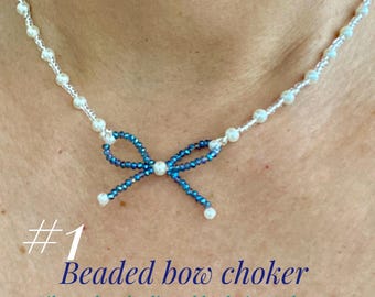 Beaded Bow Choker: Czech Beads, Silver Plated, Jewelry, Holiday, Birthday, Mother's Day