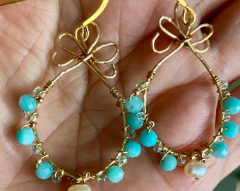 Natural Stone & Water Pearl Earrings: Gold Plated Hook, Jewelry, Birthday, Handmade, Holiday, Mother's Day