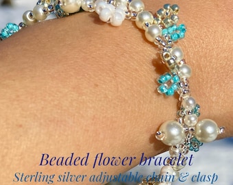 Beaded Flower Bracelet : Sterling Silver, Bridesmaids, Handmade, Birthday, Mother's Day